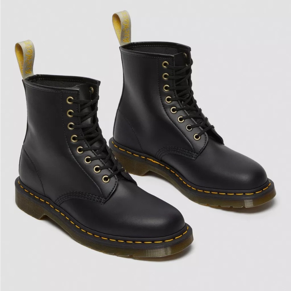 Dr. Martens Black Leather 1460 8-Eye Combat Boots with Yellow Stitching